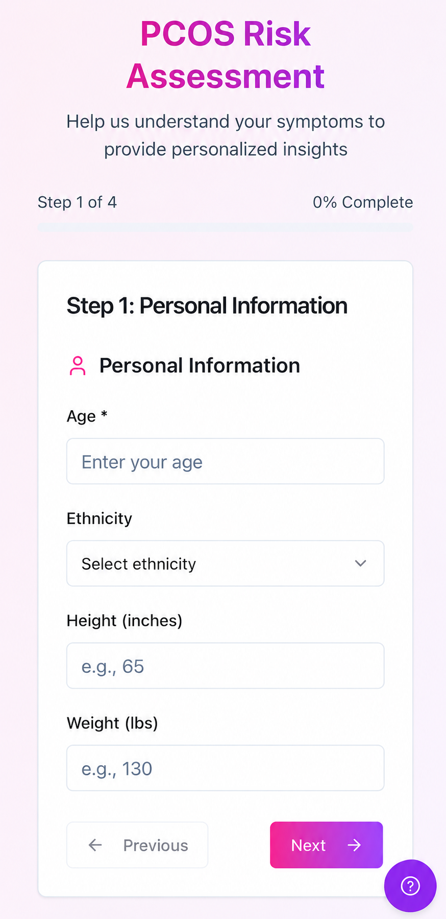 OvaFlow PCOS Risk Assessment screen